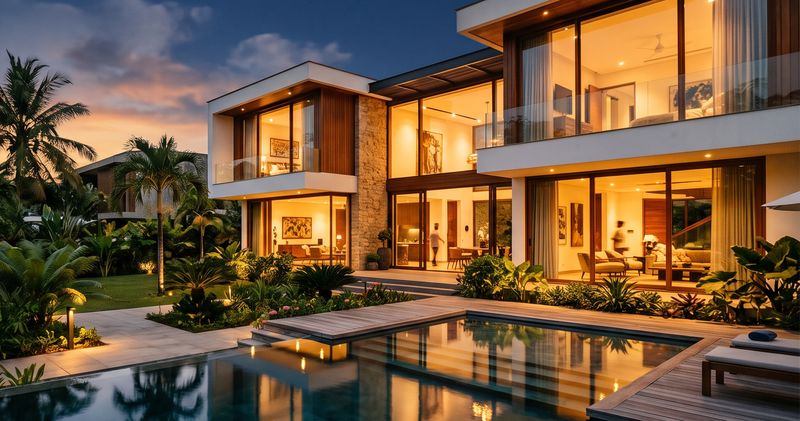 Villa contemporaine éclairée à la tombée du jour, piscine au premier plan.